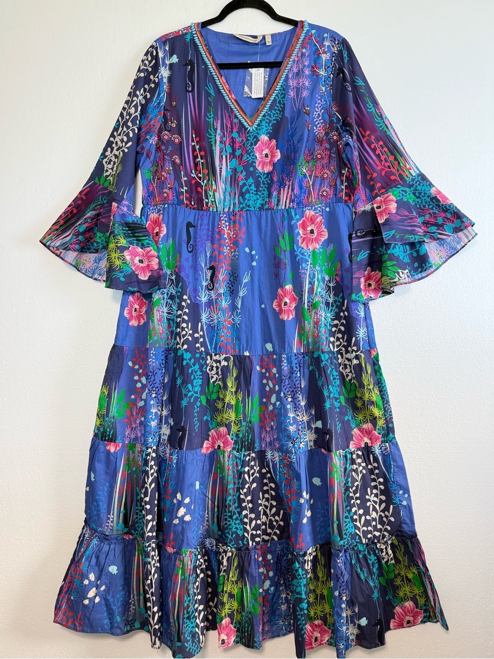 Soft Surroundings Martha Maxi Dress Blue Floral Reef Tiered Bell Sleeves Large - Picture 3 of 14